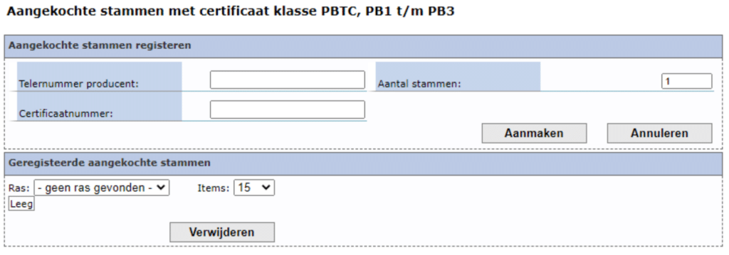 Afbeelding aangekochte stammen met certificaat klasse PBTC, PB1 t/m PB3.