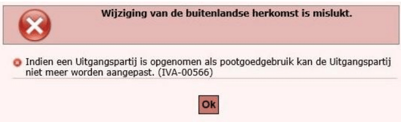 Pop-up melding waarop staat vermeld: 'Wijziging van de buitenlandse herkomst is mislukt.'