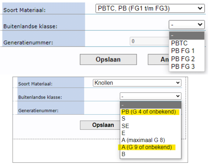 Toelichting wat in te vullen bij het materiaal "Knollen" en "PBTc, PB (FG1 t/m FG3)".