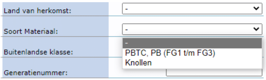 Vul hier in het 'Land van herkomst', 'Soort Materiaal', 'Buitenlandse klasse' en 'Generatienummer'.